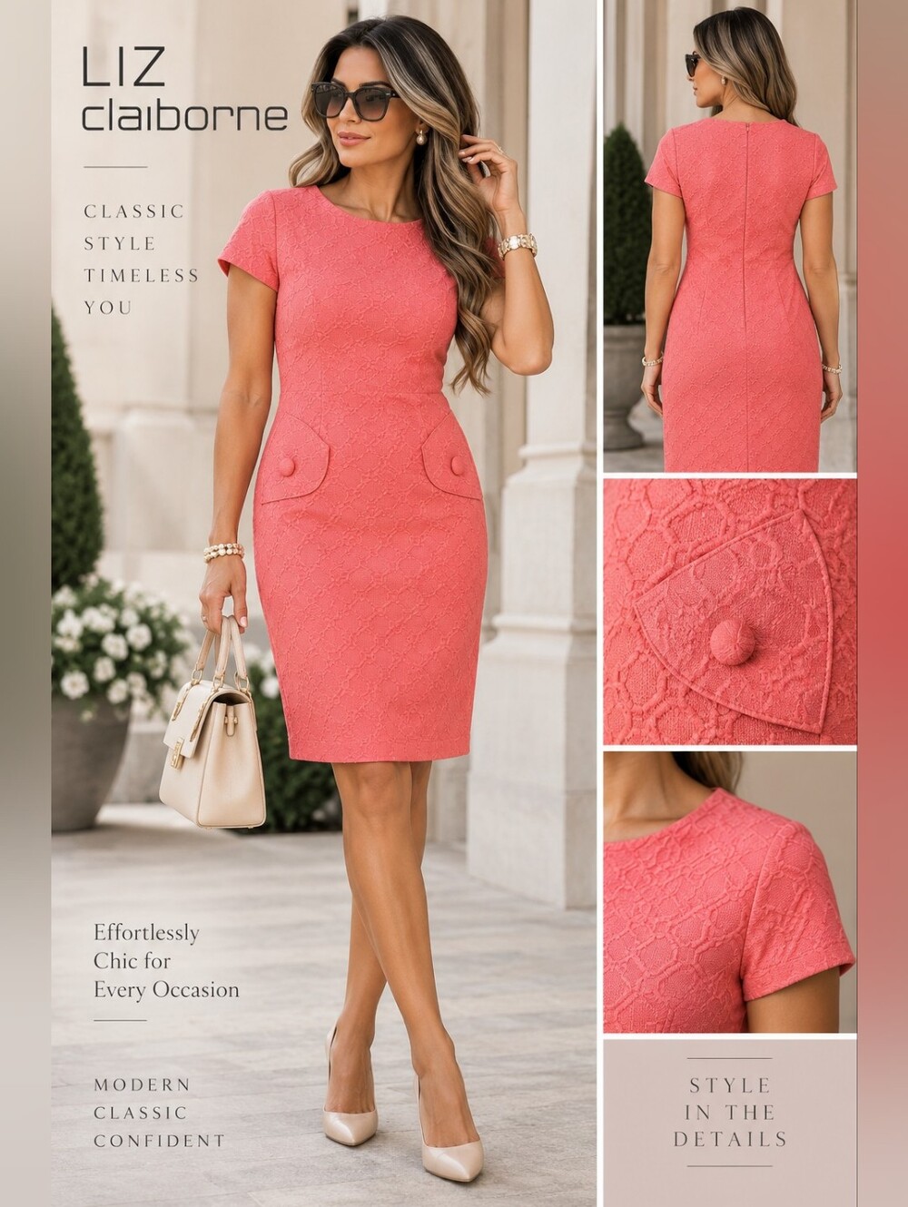 Liz Claiborne Coral Textured Jacquard Mod Sheath Dress Size 8 #C1
